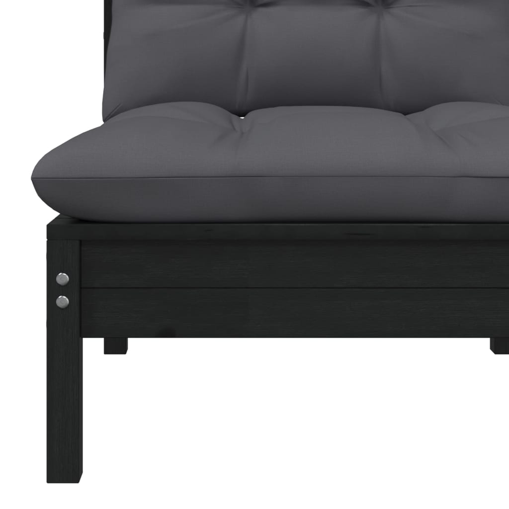 vidaXL Vidurinė sodo sofos dalis su pagalvėlėmis, juoda, pušis