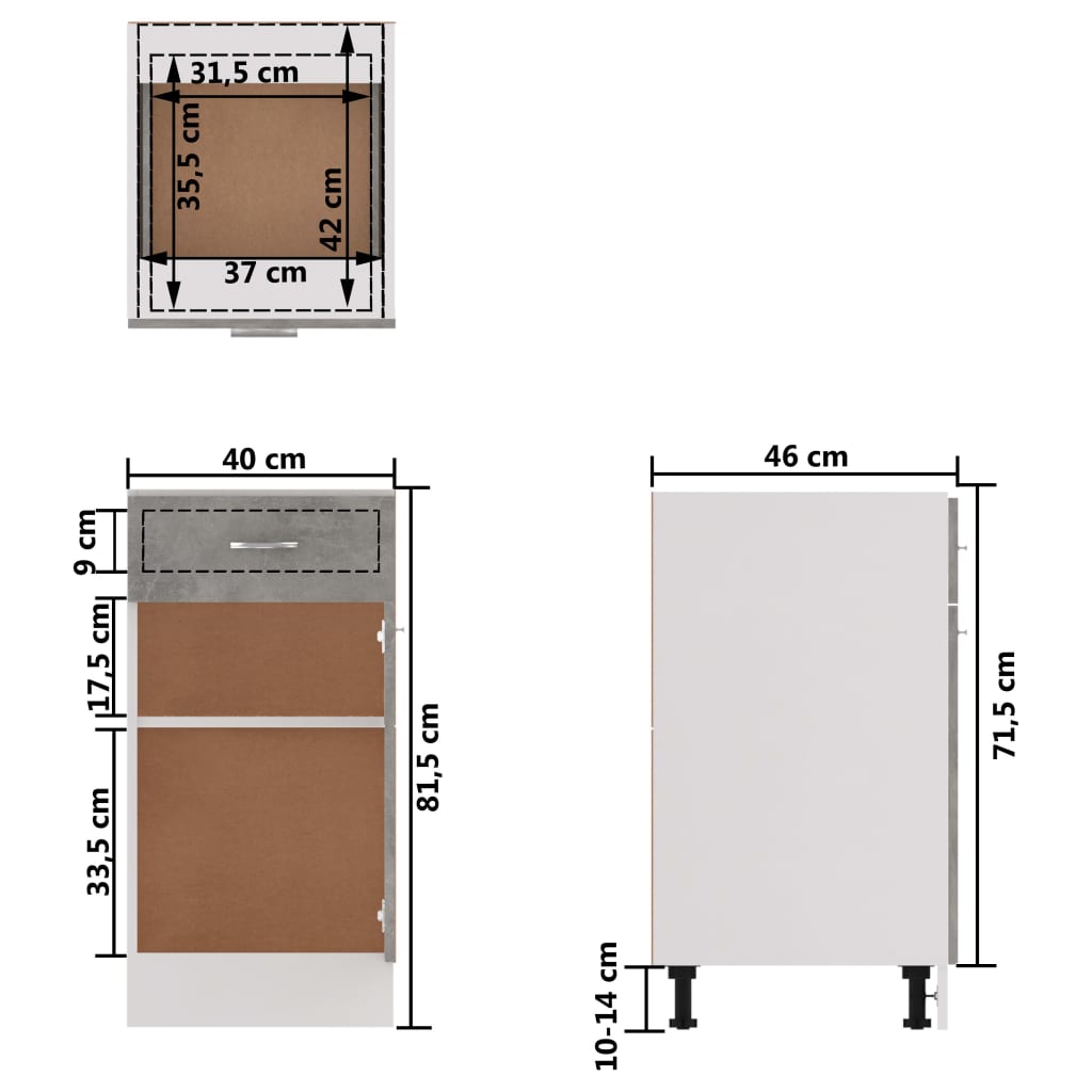 vidaXL Apatinė spintelė su stalčiumi, betono pilka, 40x46x81,5cm, MDP