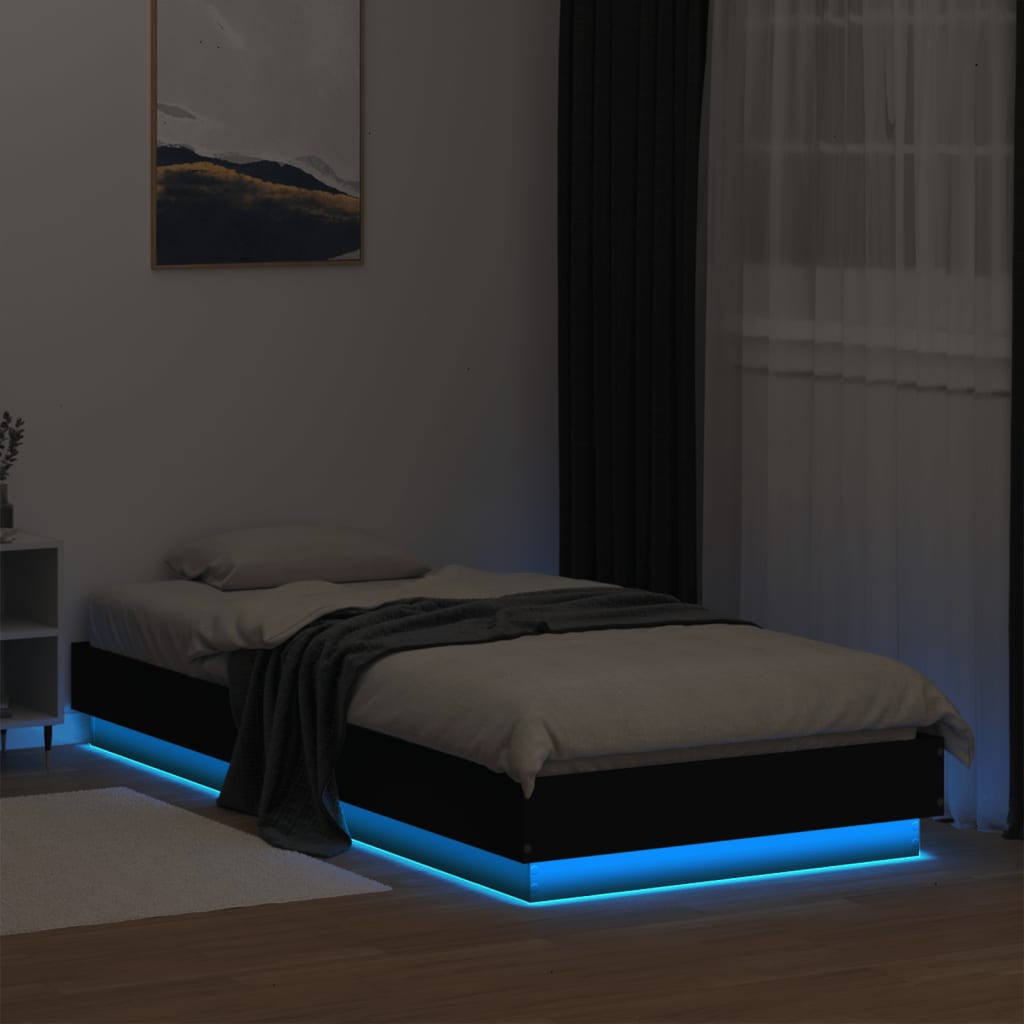 vidaXL Lovos rėmas su LED lemputėmis, juodos spalvos, 90x200cm