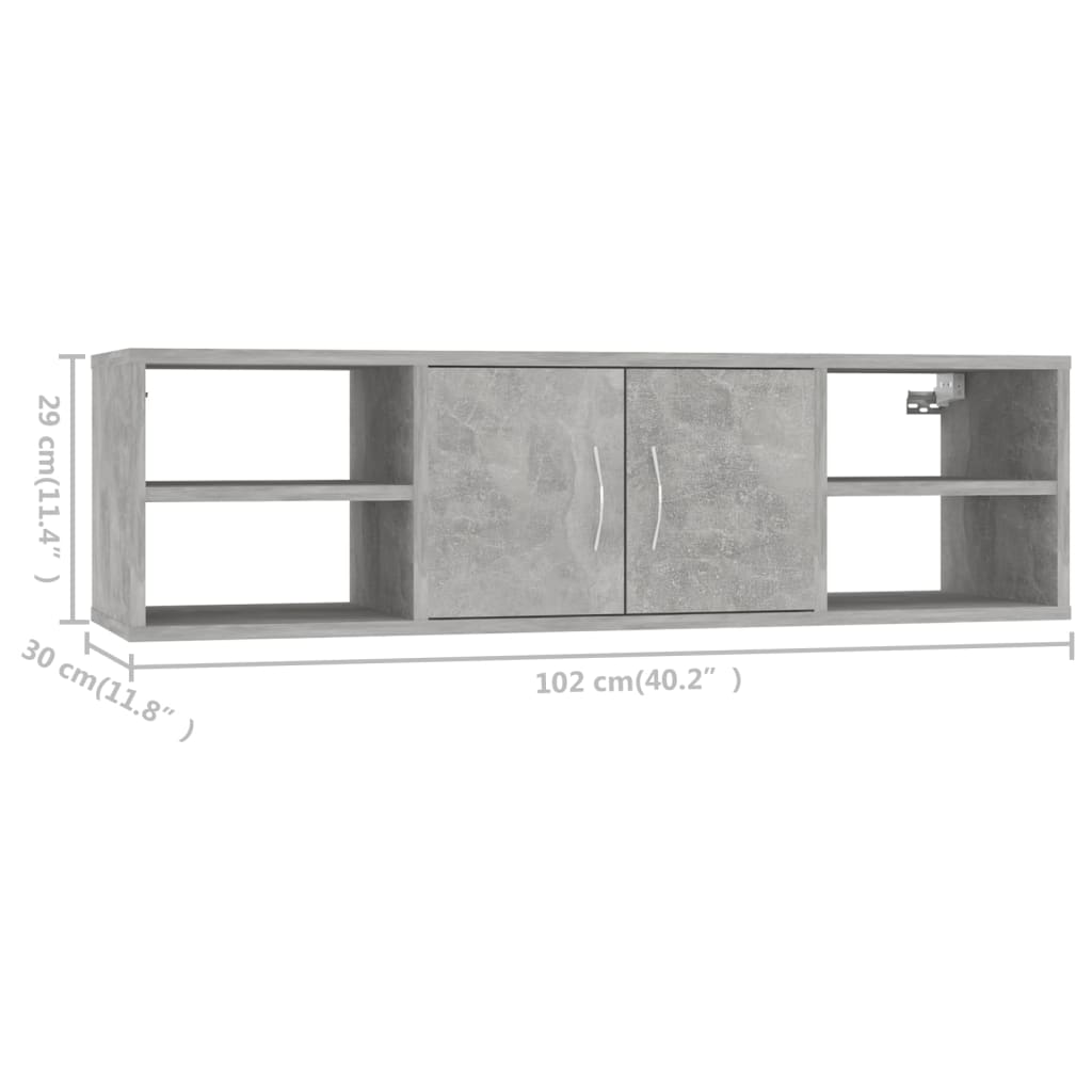 vidaXL Sieninė lentyna, betono pilkos spalvos, 102x30x29cm, MDP