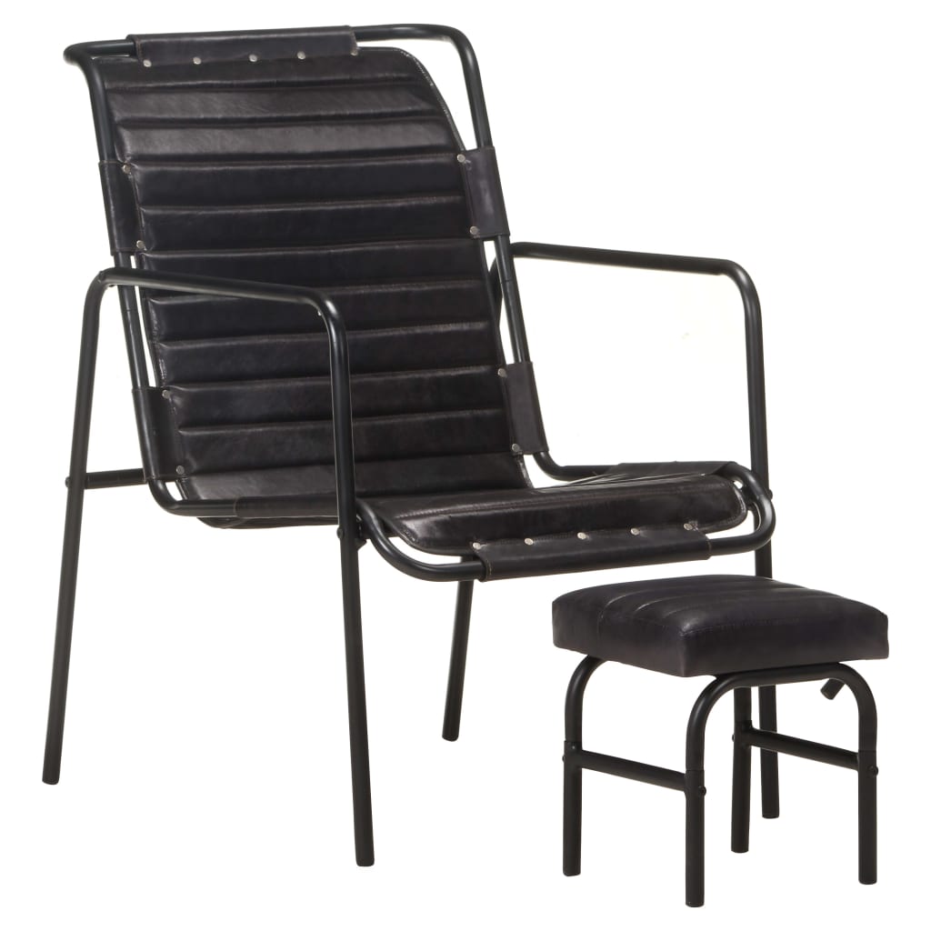 vidaXL Poilsio krėslas su pakoja, juodos spalvos, tikra oda