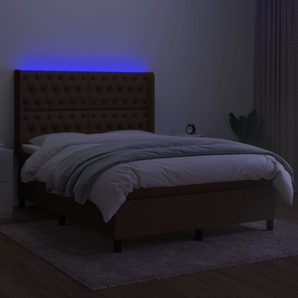 vidaXL Lova su spyruoklėmis/čiužiniu/LED, ruda, 140x200 cm, audinys