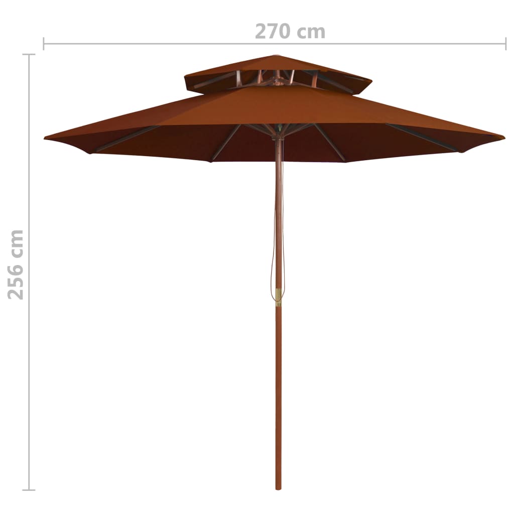 vidaXL Skėtis su dvigubu stogeliu ir mediniu stulpu, terakota, 270cm