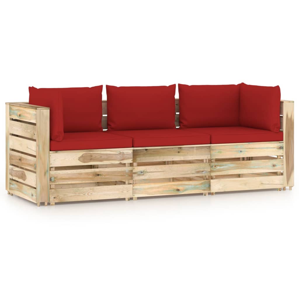 vidaXL Trivietė sodo sofa su pagalvėlėmis, žaliai impregnuota mediena