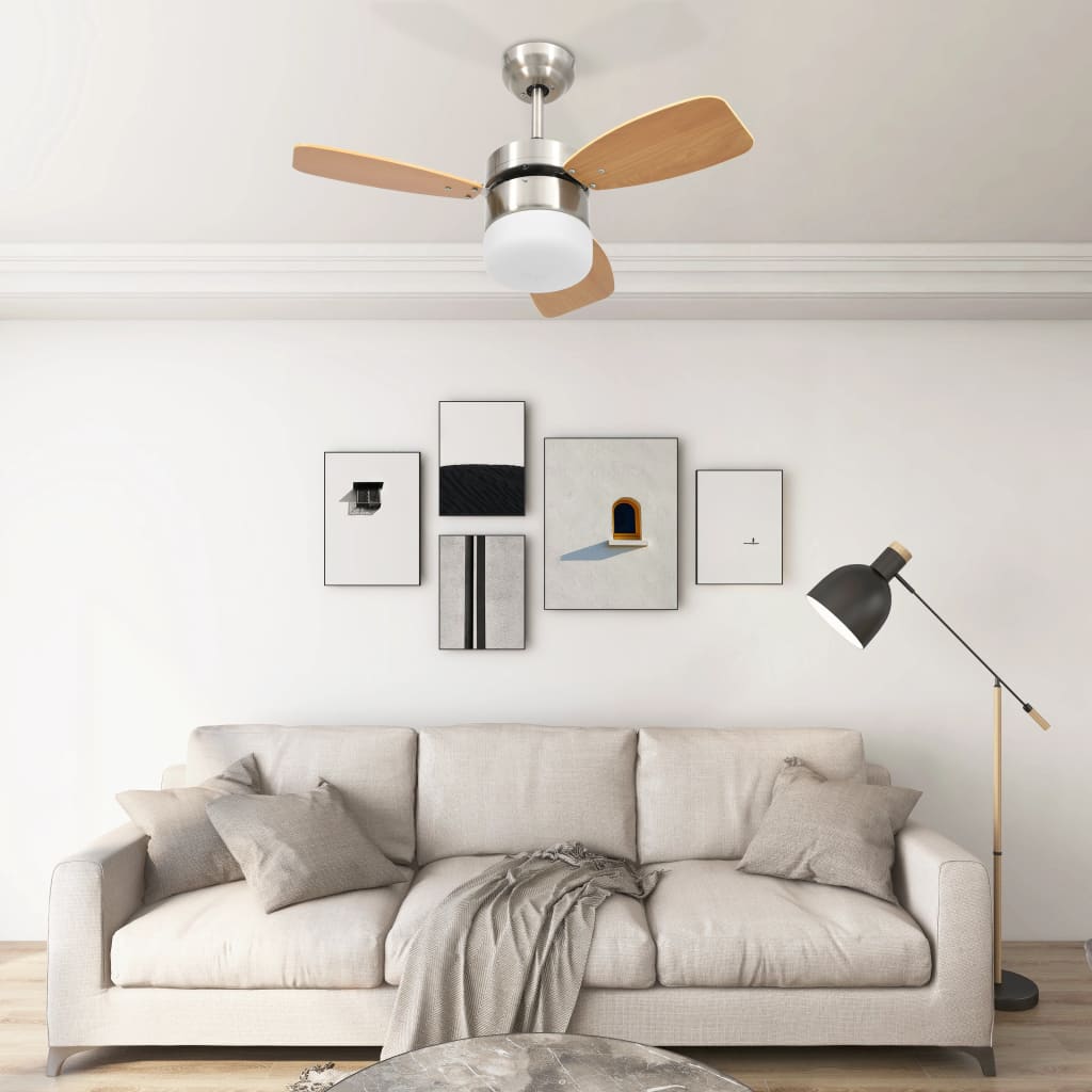 vidaXL Lubinis ventiliatorius su apšvietimu ir pulteliu, rudas, 76cm