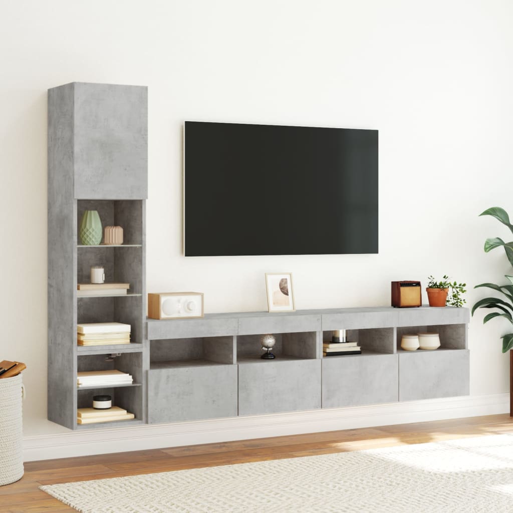 vidaXL Sieninė TV sekcija su LED, 4 dalių, betono, apdirbta mediena