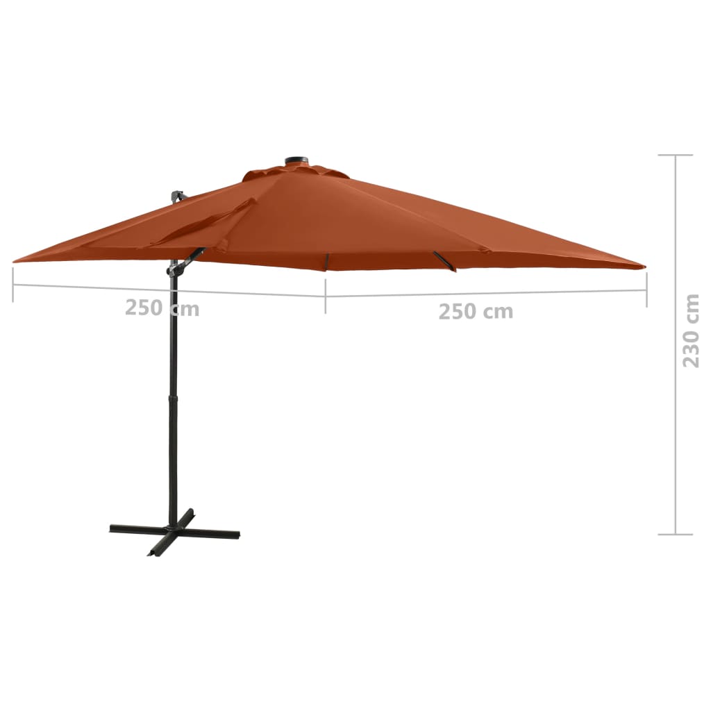 vidaXL Gembinis skėtis su stulpu ir LED lemputėmis, terakota, 250cm