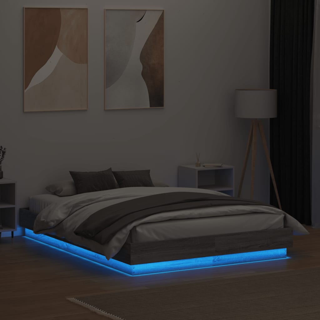 vidaXL Lovos rėmas su LED lemputėmis, pilkos ąžuolo spalvos, 120x190cm