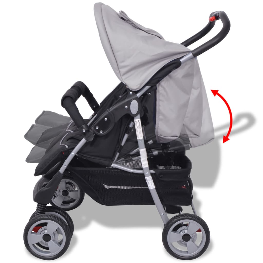vidaXL Vaikiškas vežimėlis dvynukams, pilkas ir juodas, plienas
