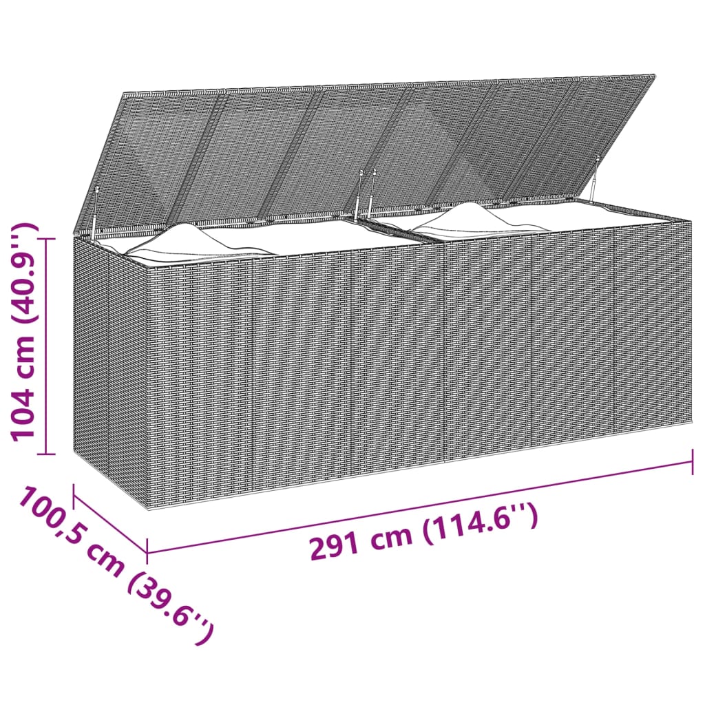 vidaXL Sodo dėžė pagalvėlėms, pilka, 291x100,5x104cm, PE ratanas