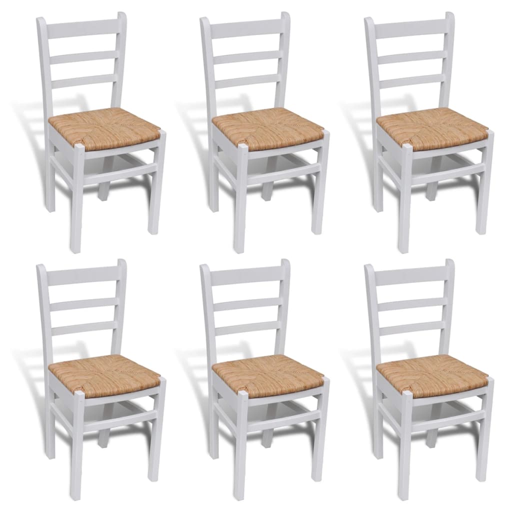 vidaXL Valgomojo kėdės, 6vnt., baltos, pušies mediena ir nendrė