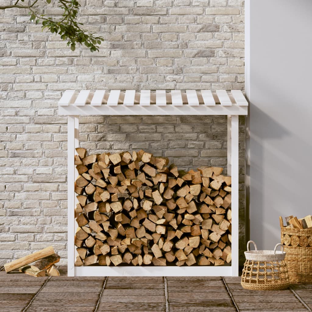 vidaXL Stovas malkoms, baltas, 108x64,5x110cm, pušies medienos masyvas
