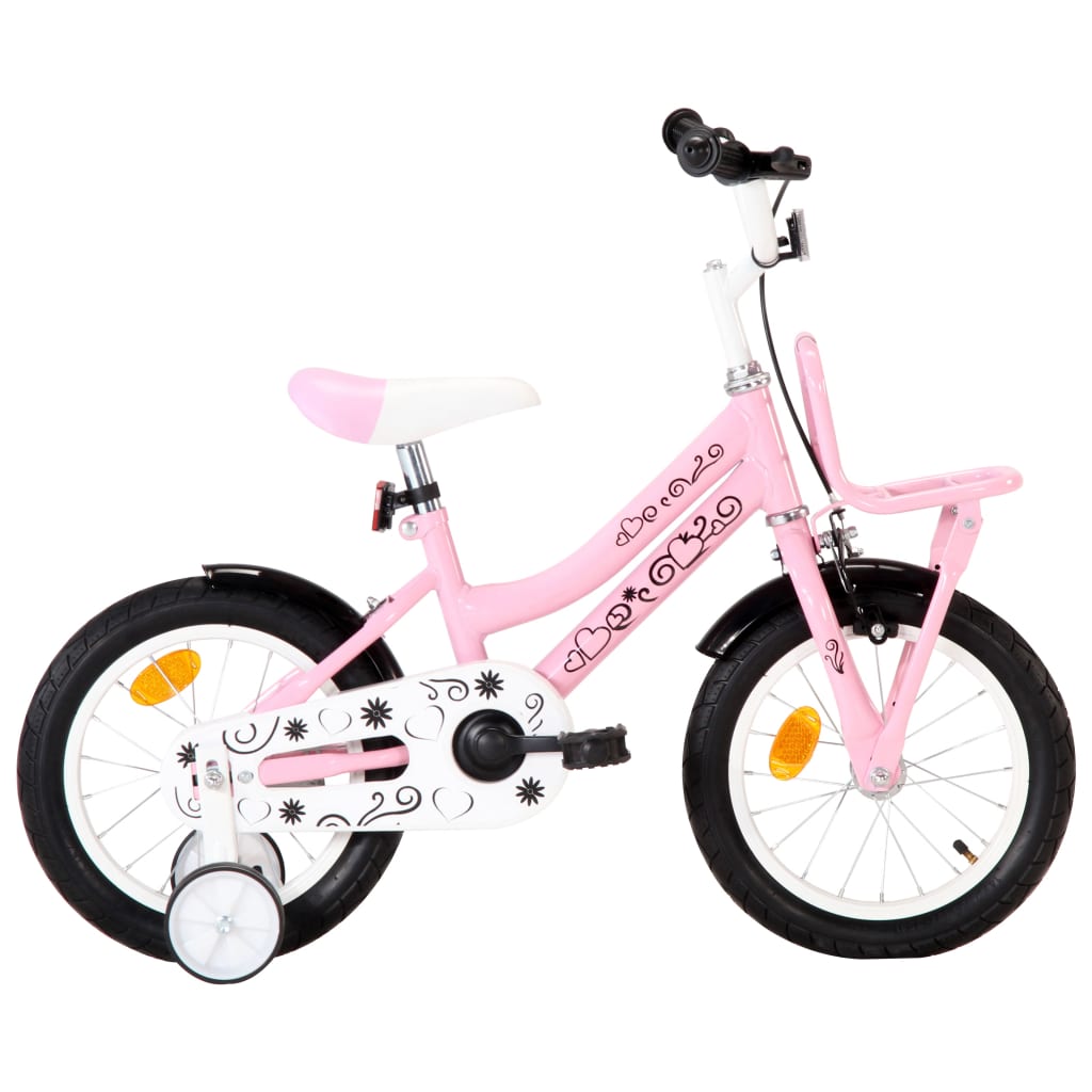 vidaXL Vaikiškas dviratis su priekine bagažine, baltas ir rožinis