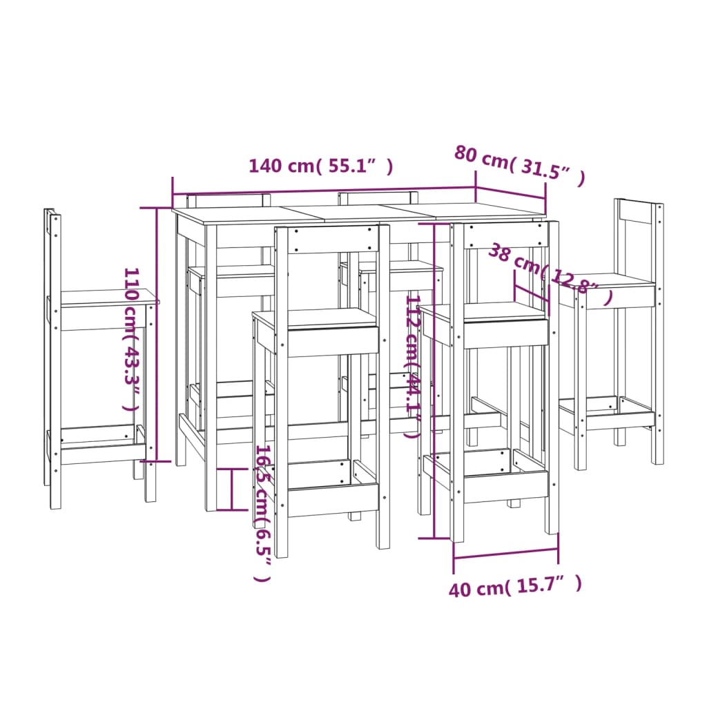 vidaXL Baro baldų komplektas, 7 dalių, pušies medienos masyvas