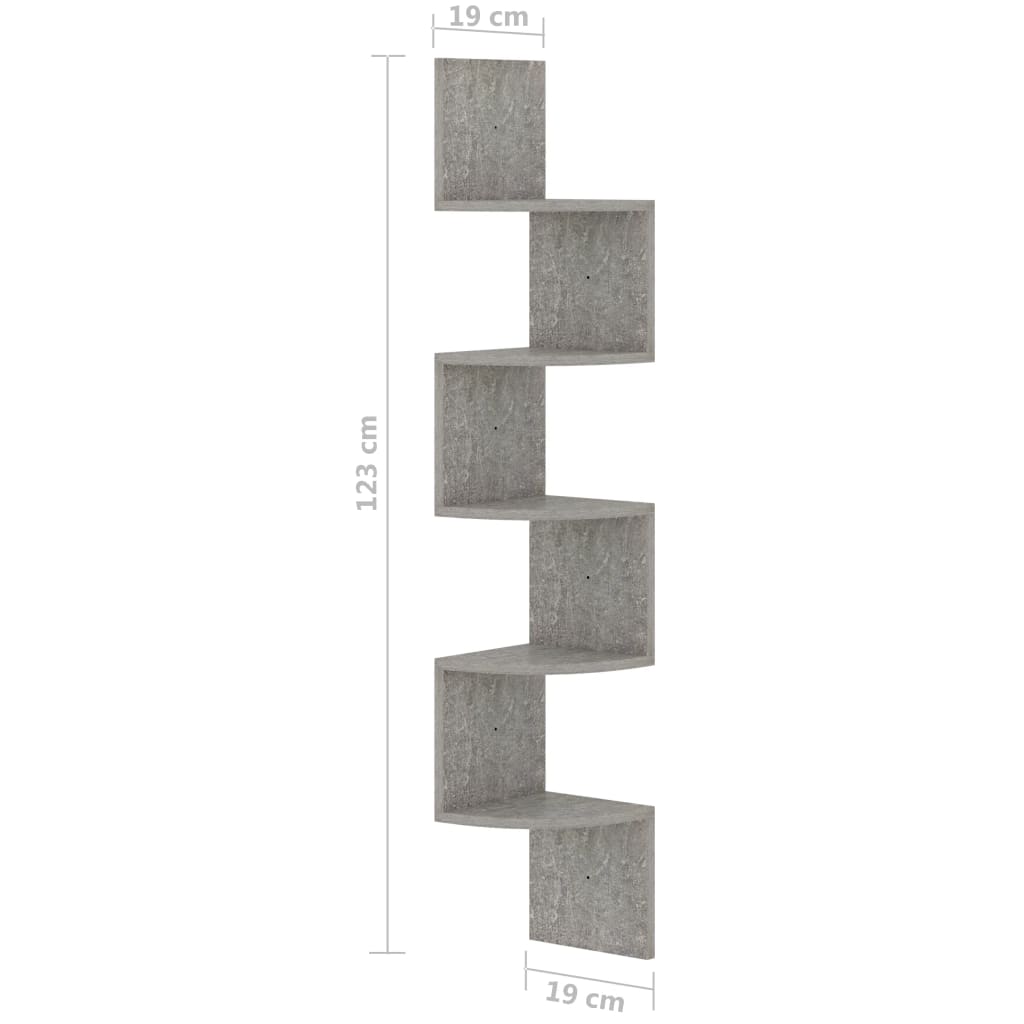 vidaXL Sieninė kampinė lentyna, betono, 19x19x123cm, apdirbta mediena