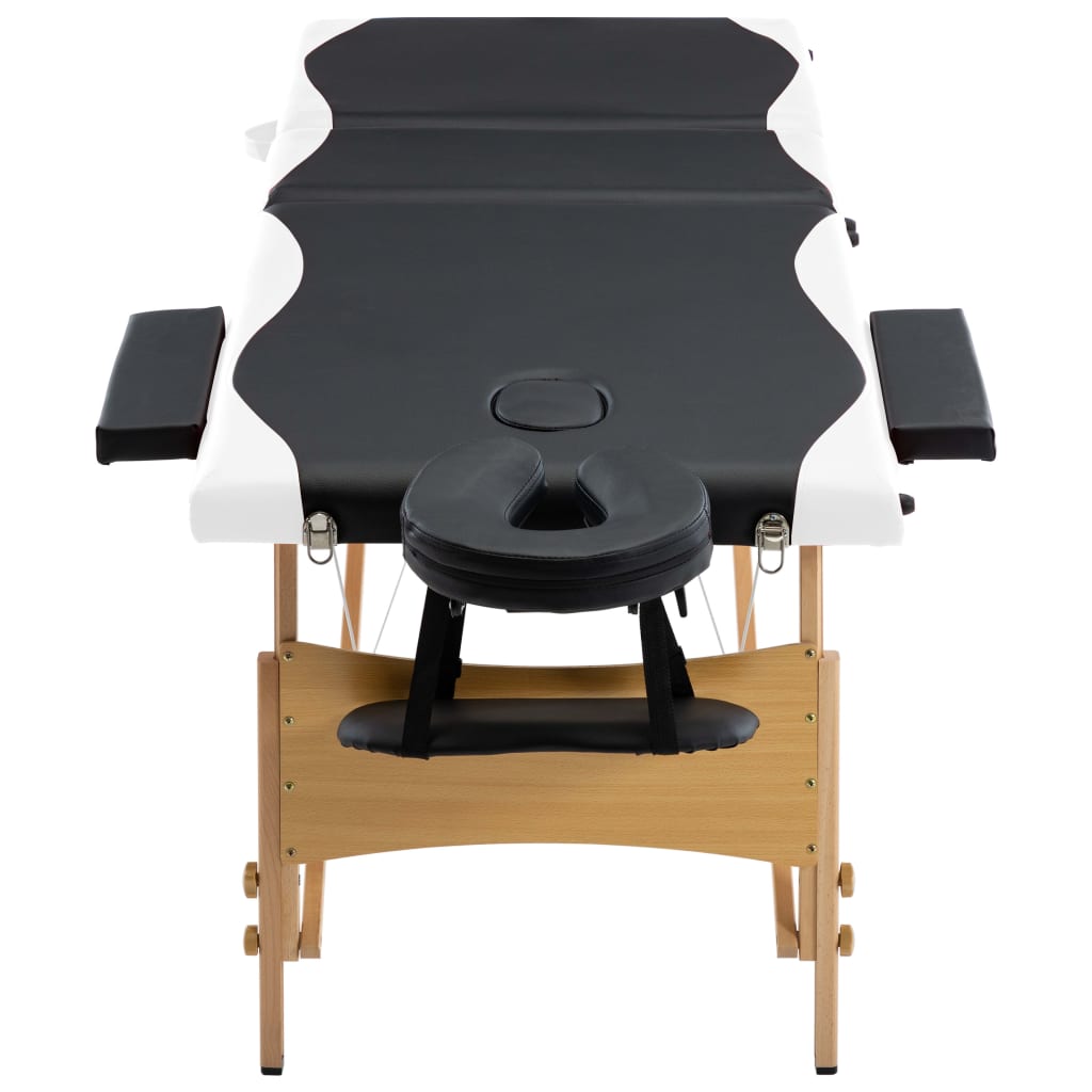 vidaXL Sulankstomas masažo stalas, juodas ir baltas, mediena, 3 zonų
