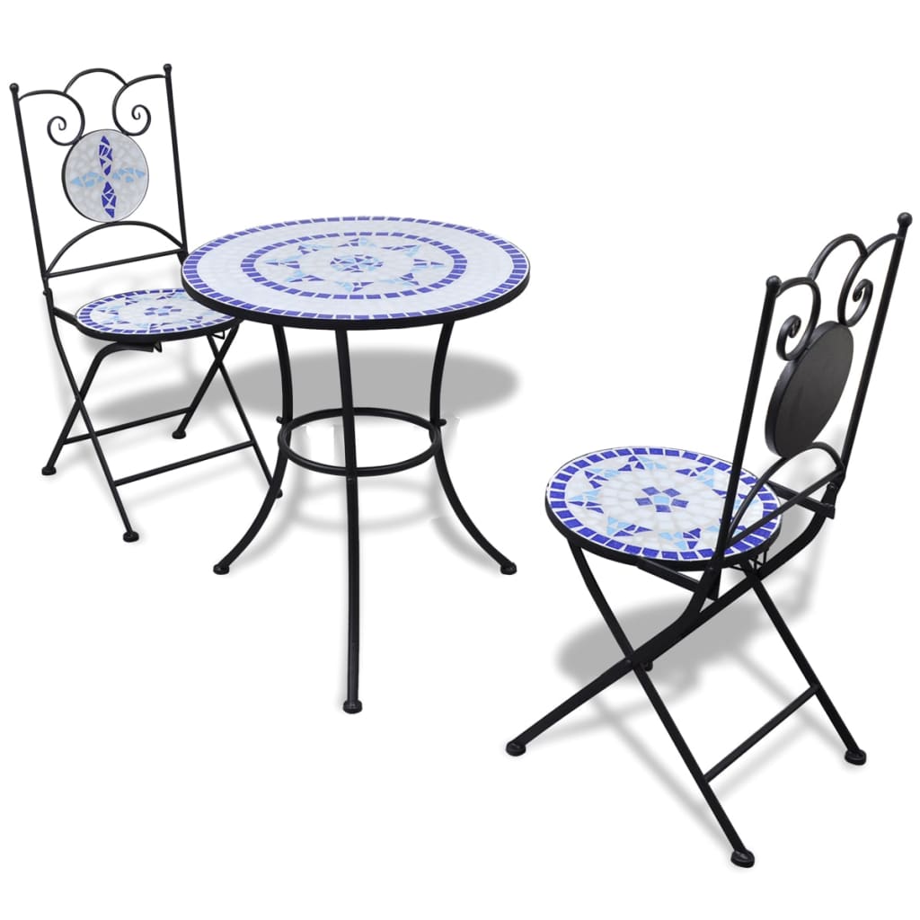 vidaXL Bistro baldų komplektas, 3d., mėlynas ir baltas, keramikinės plytelės