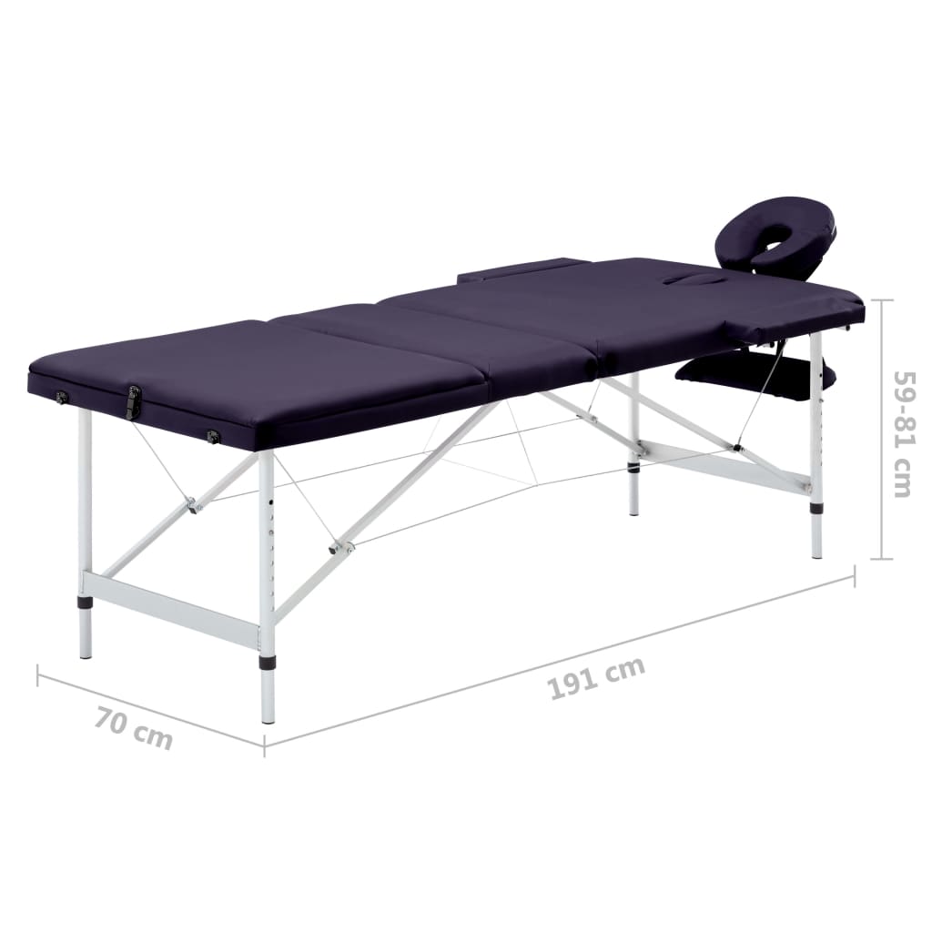 vidaXL Sulankstomas masažo stalas, violetinis, aliuminis, 3 zonų