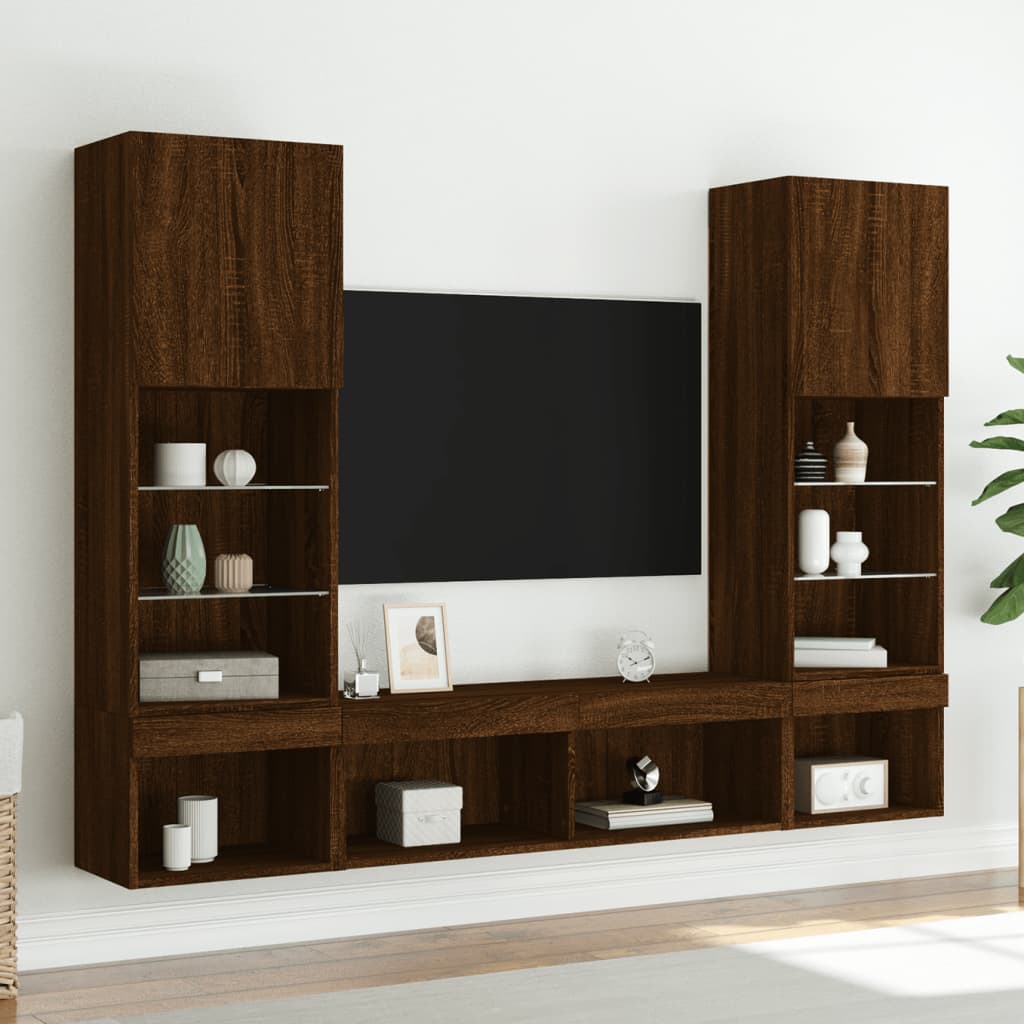 vidaXL Sieninė TV sekcija su LED, 5 dalių, ruda ąžuolo, mediena