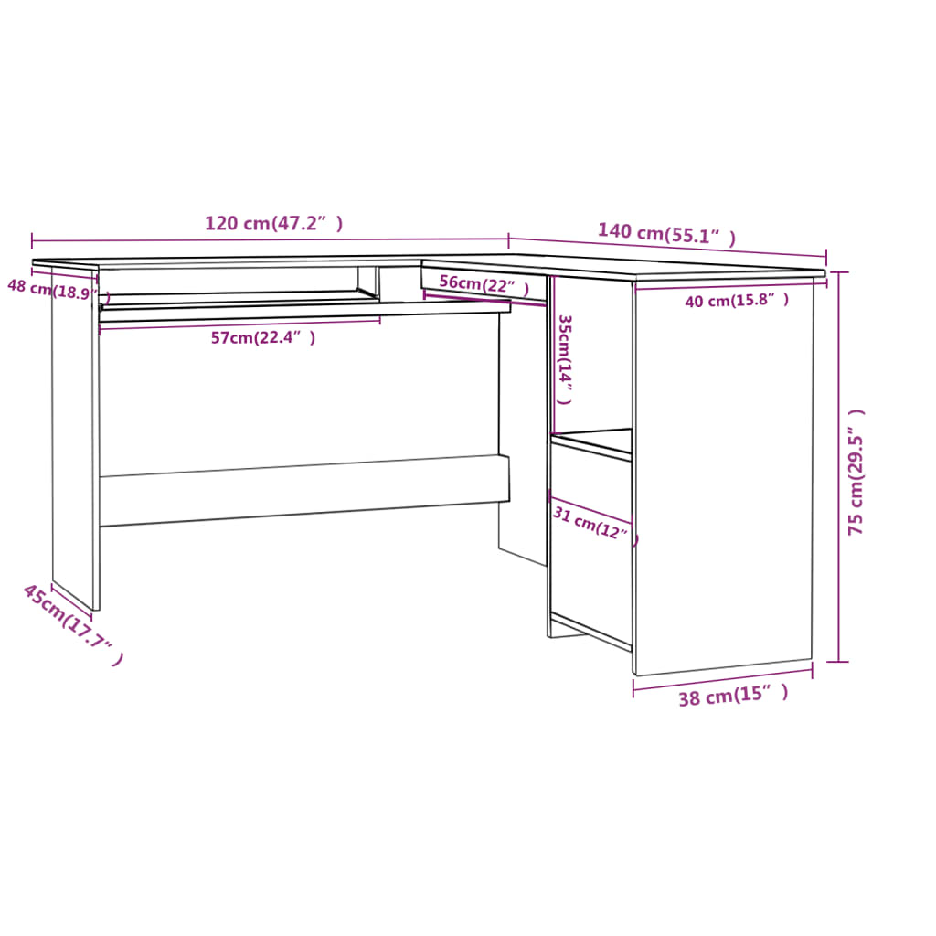 vidaXL Kampinis stalas, juodas, 120x140x75cm, mediena, L formos