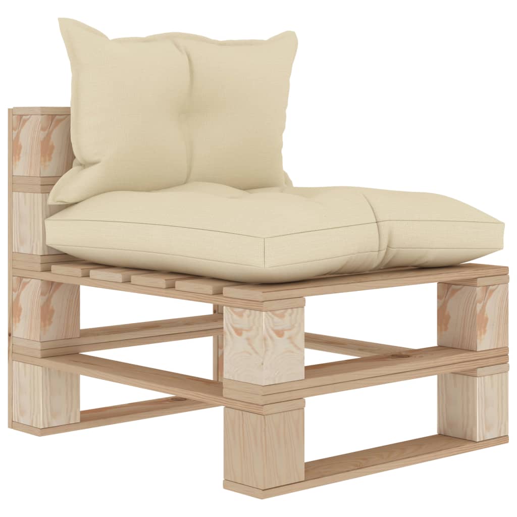 vidaXL Vidurinė sodo sofa iš palečių su kreminėmis pagalvėmis, mediena