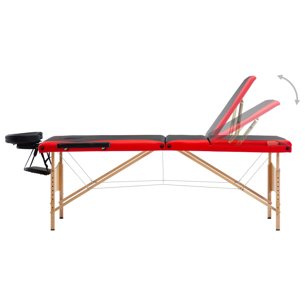 vidaXL Sulankstomas masažinis stalas, juodas/raudonas, mediena, 3 zonų