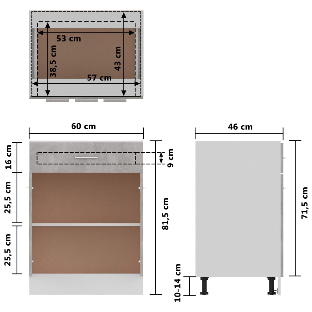 vidaXL Apatinė spintelė su stalčiumi, betono pilka, 60x46x81,5cm, MDP