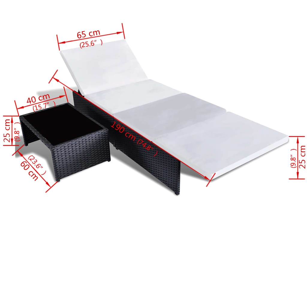 vidaXL Saulės gultai, 2 vnt., su staliuku, poliratanas, juodas