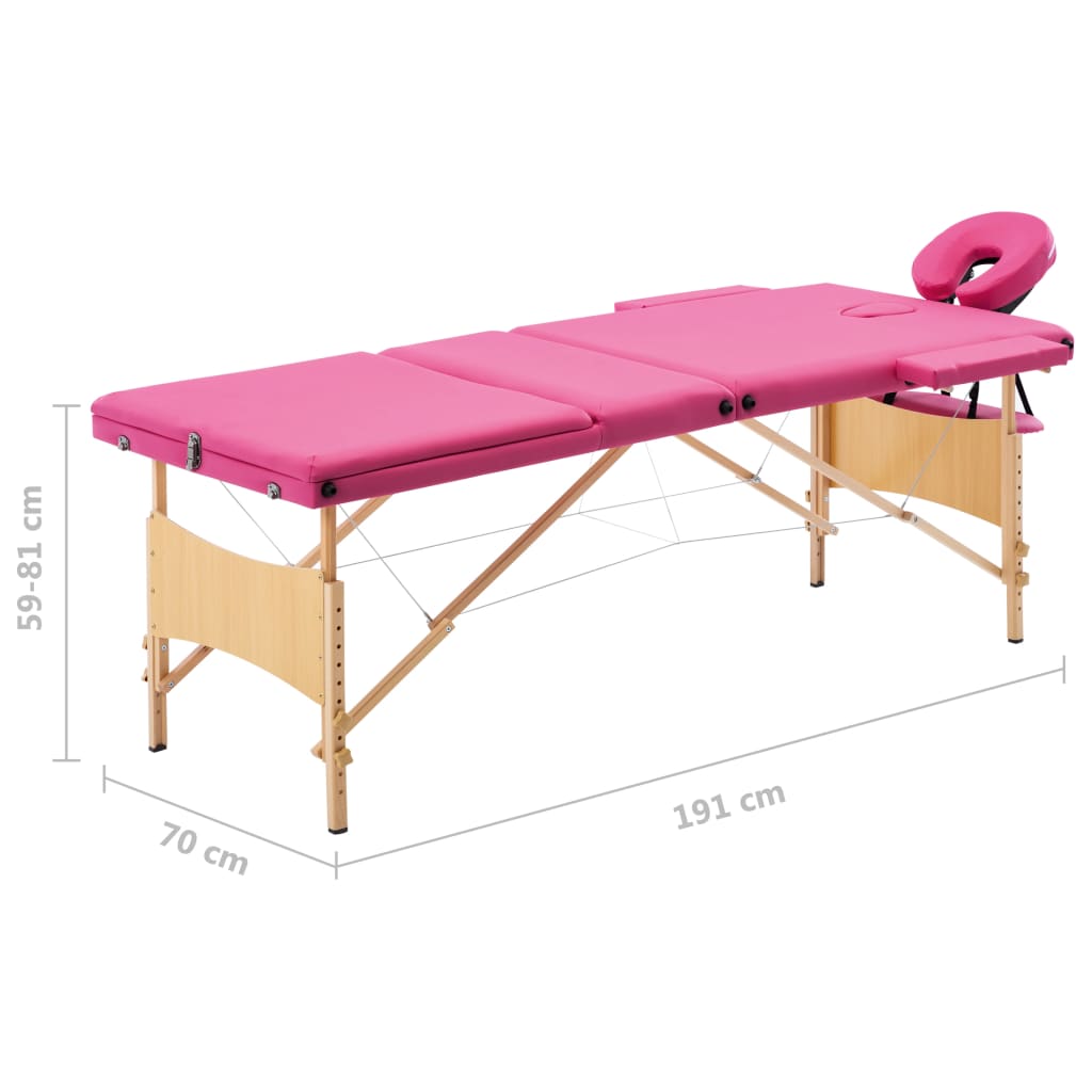 vidaXL Sulankstomas masažinis stalas, rožinis, mediena, 3 zonų