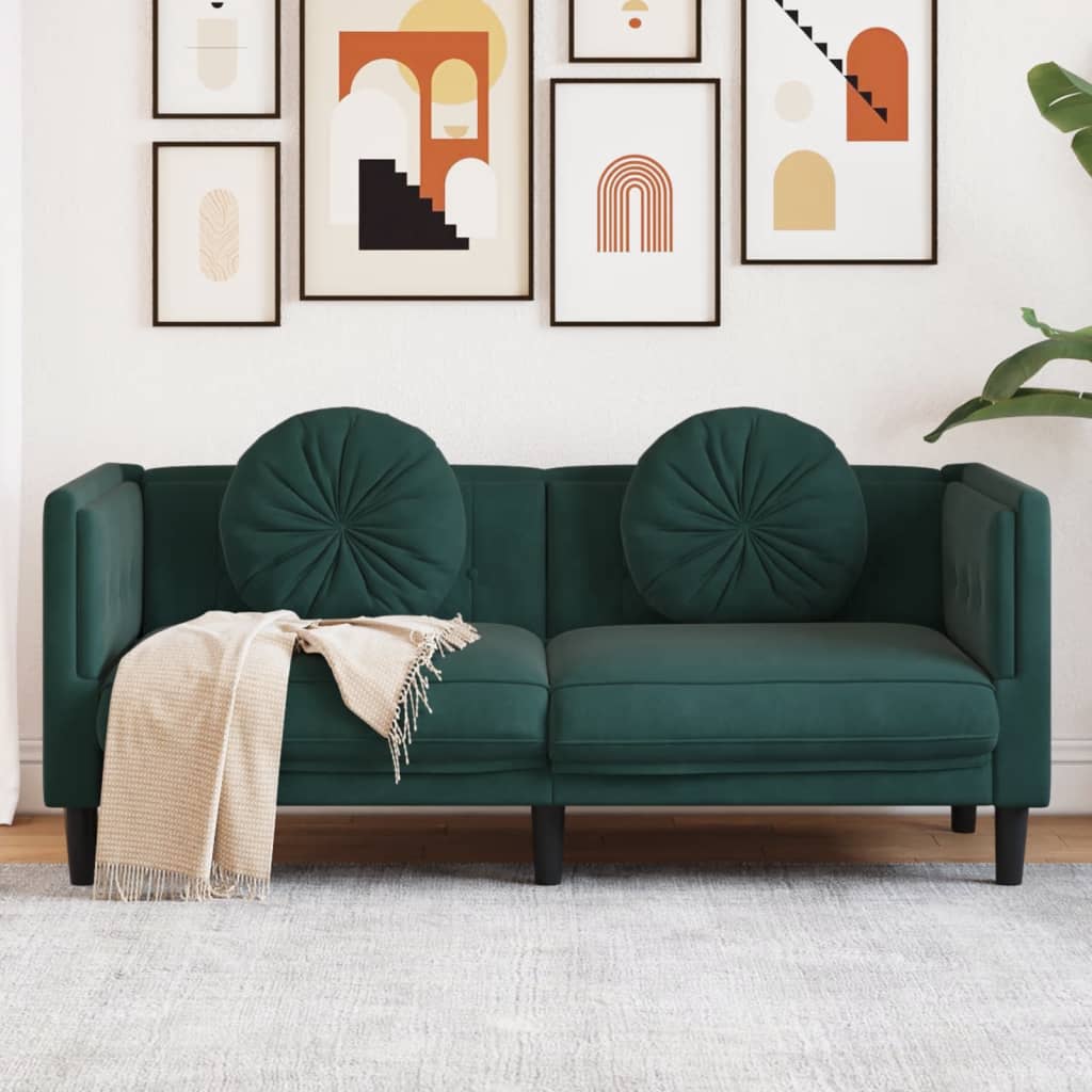 vidaXL Dvivietė sofa su pagalvėlėmis, tamsiai žalios spalvos, aksomas