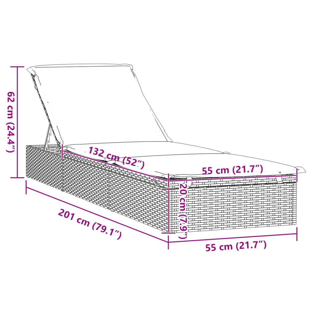 vidaXL Saulės gultas su čiužinuku, 1vnt., juodas, 201x55x62cm