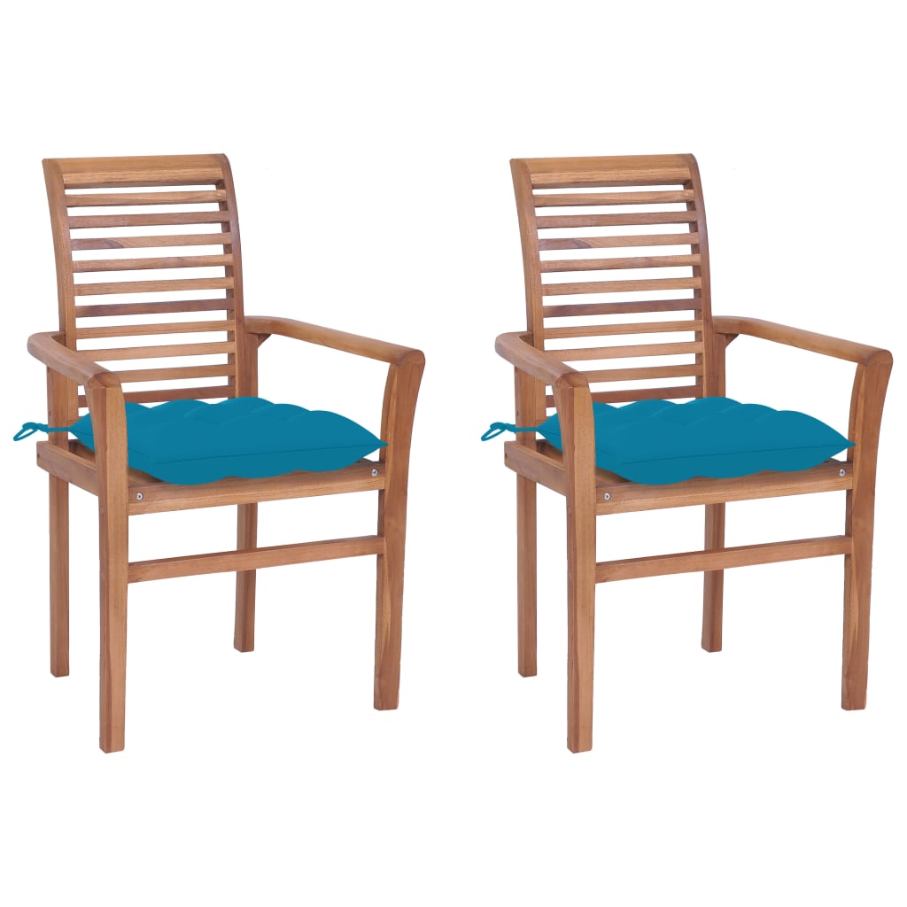 vidaXL Valgomojo kėdės su mėlynomis pagalvėlėmis, 2vnt., tikmedis