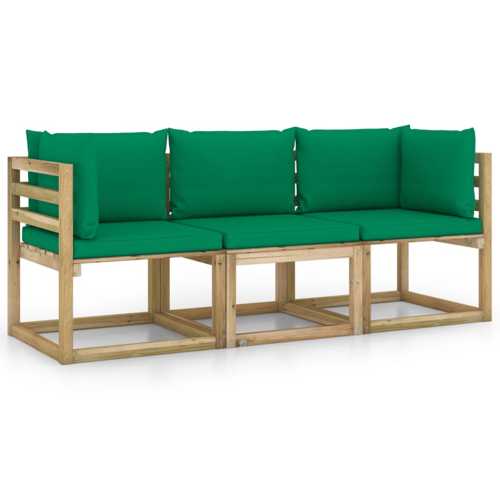vidaXL Trivietė sodo sofa su žaliomis pagalvėlėmis
