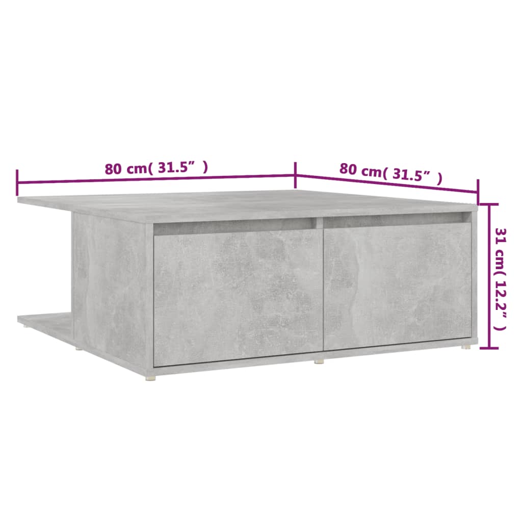 vidaXL Kavos staliukas, betono pilkos spalvos, 80x80x31cm, MDP