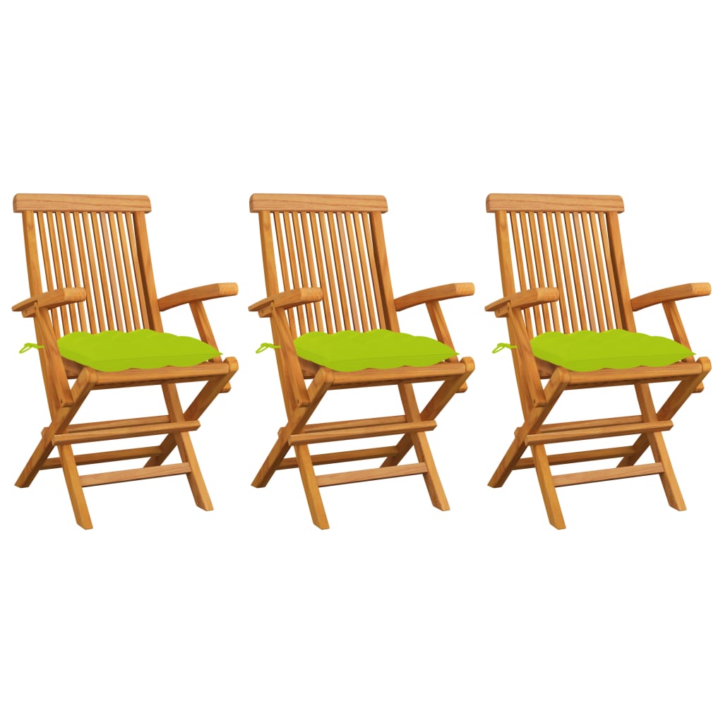 vidaXL Sodo kėdės su šviesiai žaliomis pagalvėmis, 3vnt., tikmedis