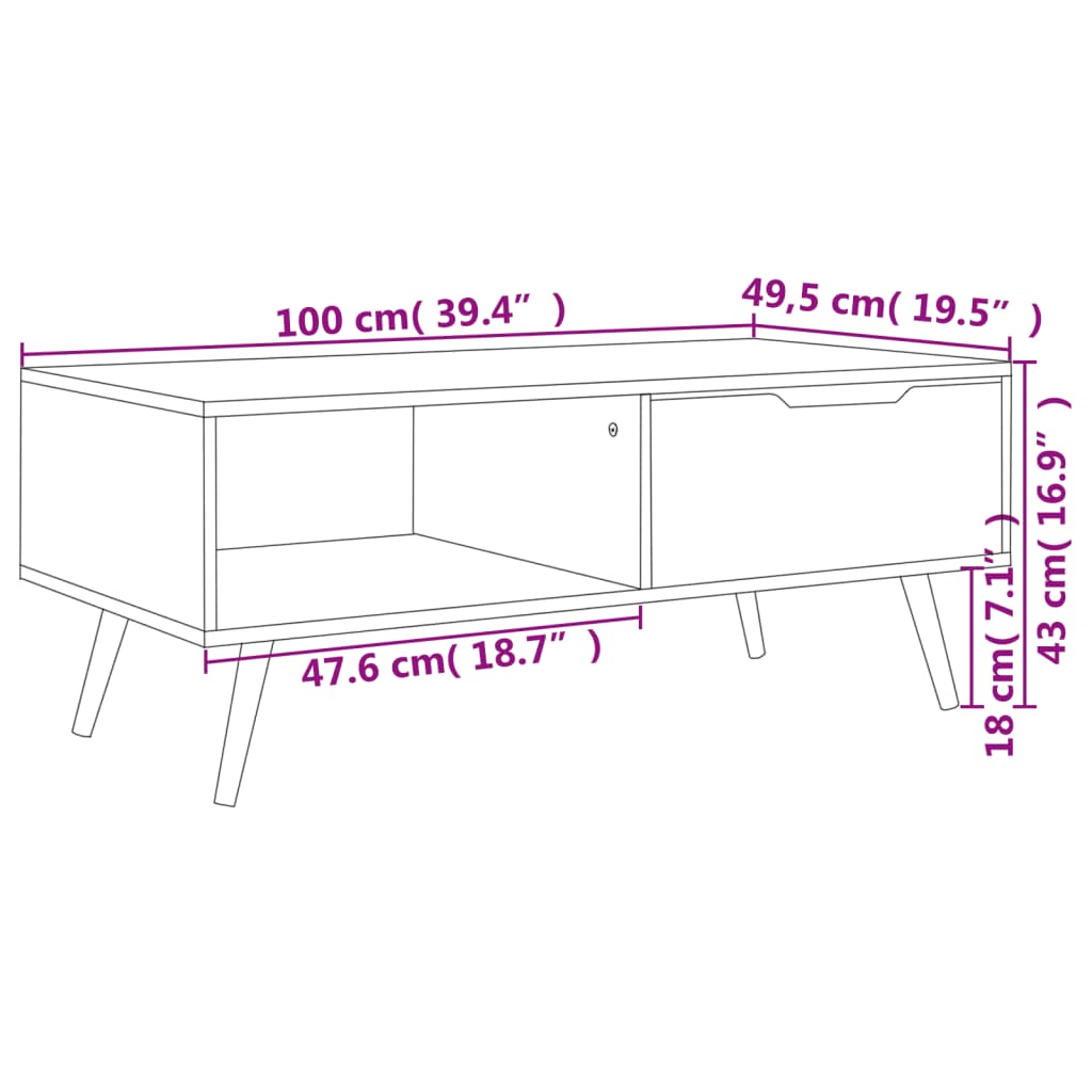 vidaXL Kavos staliukas, pilkas, 100x49,5x43cm, apdirbta mediena