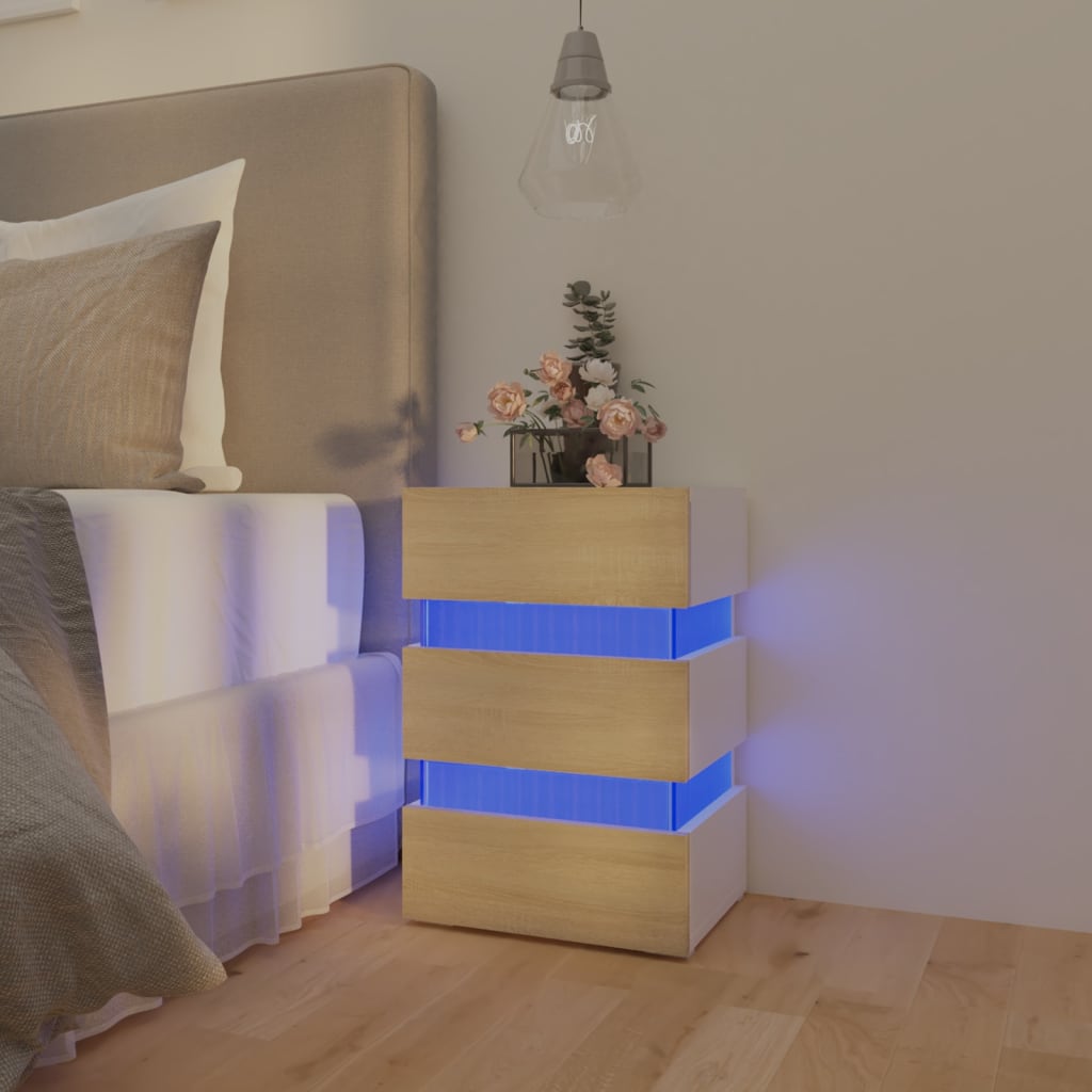 vidaXL Naktinė spintelė su LED, balta ir ąžuolo, 45x35x67cm, mediena