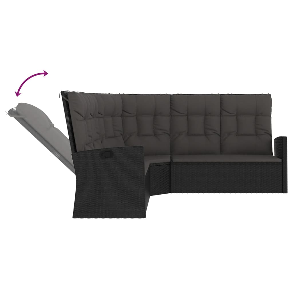 vidaXL Atlošiama kampinė sofa su pagalvėlėmis, juoda, poliratanas