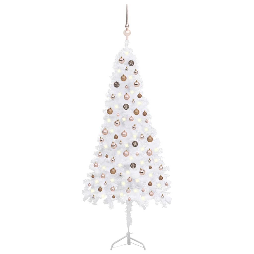 vidaXL Kampinė Kalėdų eglutė su LED/žaisliukais, balta, 210cm, PVC