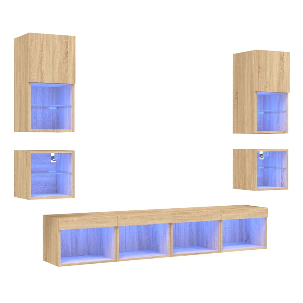 vidaXL Sieninė TV sekcija su LED, 8 dalių, ąžuolo, apdirbta mediena