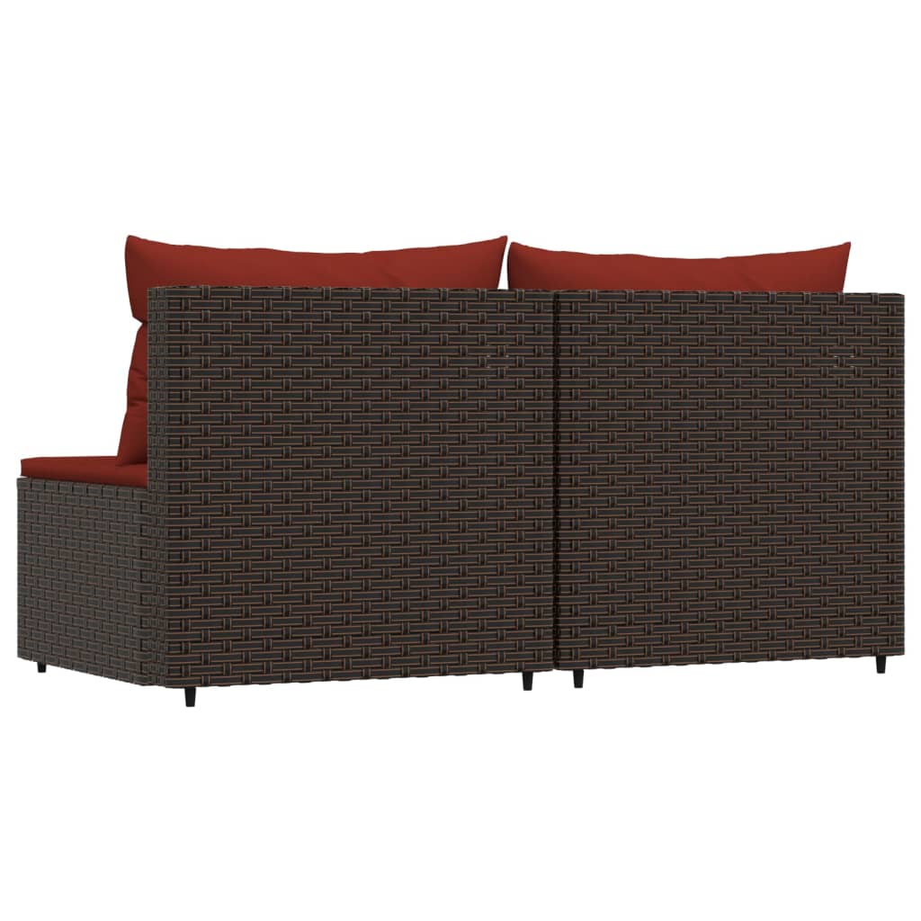vidaXL Vidurinės sofos dalys su pagalvėmis, 2vnt., rudos, poliratanas