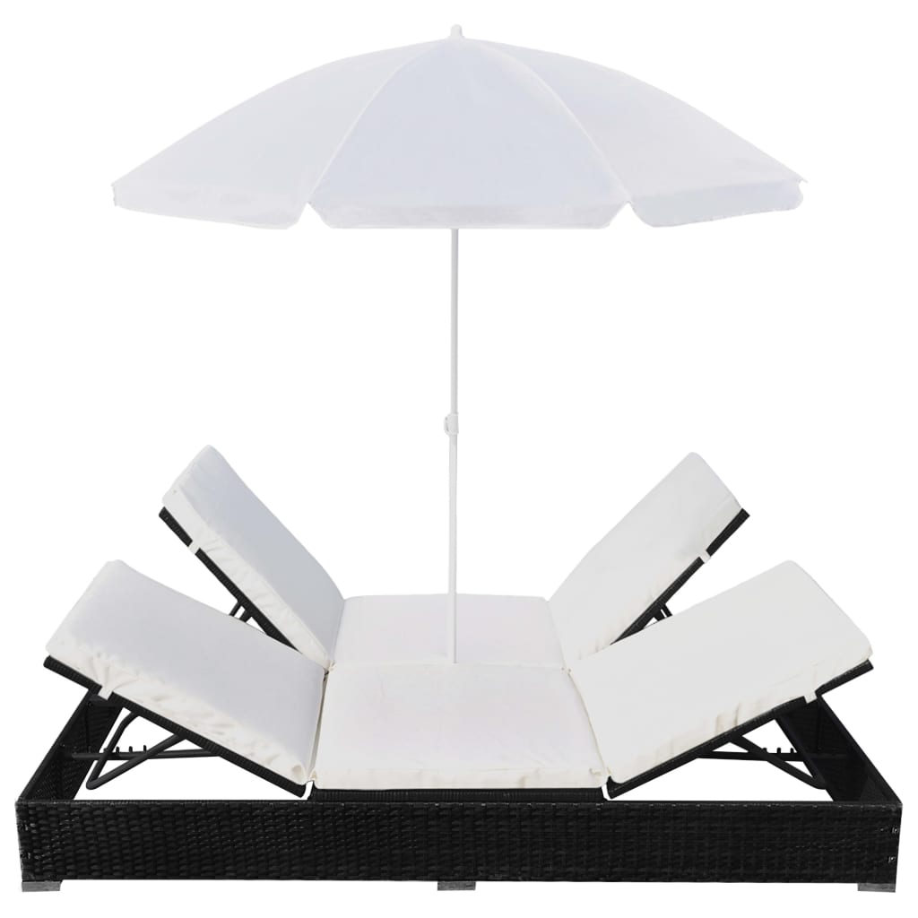 vidaXL Lauko saulės gultas su skėčiu, poliratanas, juodas