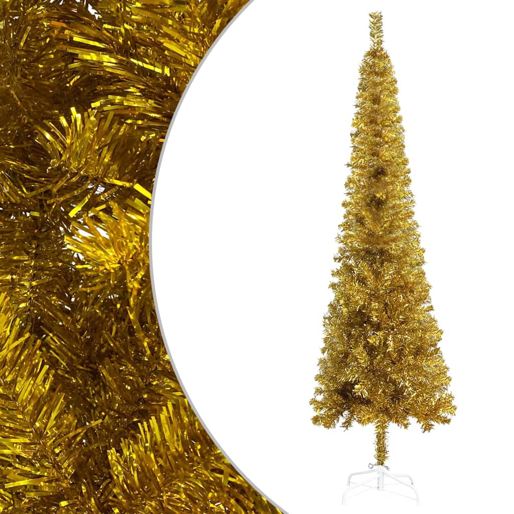 vidaXL Plona apšviesta Kalėdų eglutė su žaisliukais, auksinė, 210cm