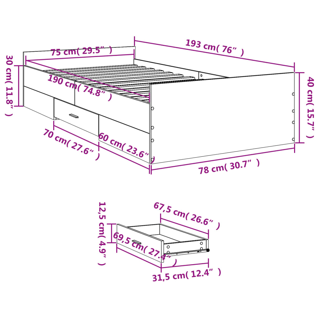 vidaXL Lovos rėmas su stalčiais, baltas, 75x190cm, apdirbta mediena
