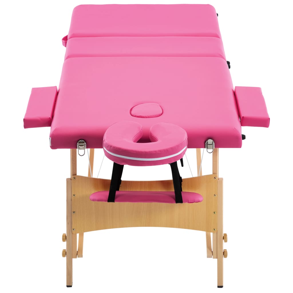 vidaXL Sulankstomas masažinis stalas, rožinis, mediena, 3 zonų