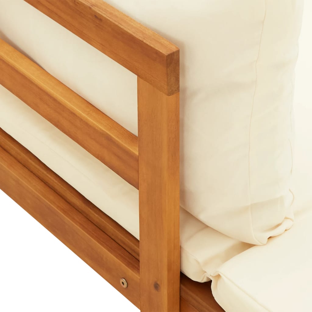 vidaXL Saulės gultas su 1 porankiu ir kreminėmis pagalvėlėmis, akacija