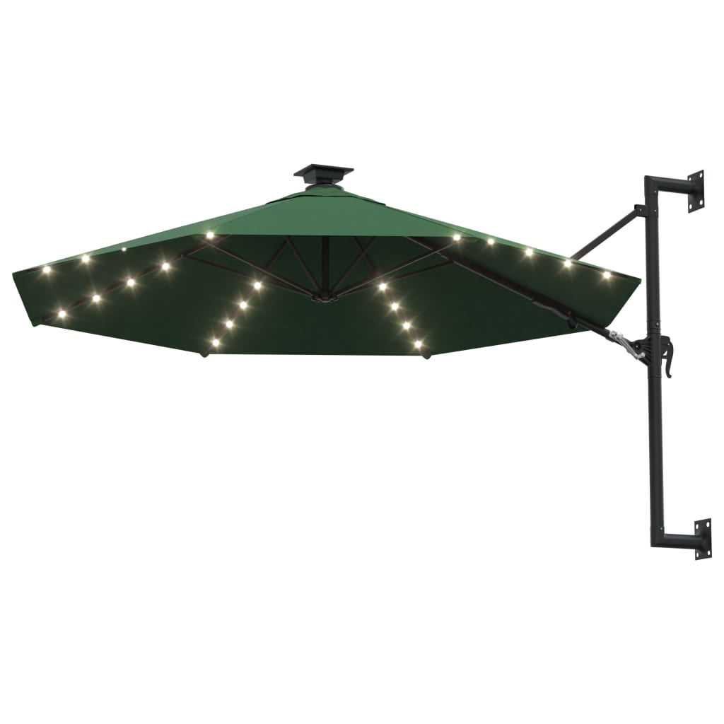 vidaXL Prie sienos montuojamas skėtis su LED/stulpu, žalias, 300cm