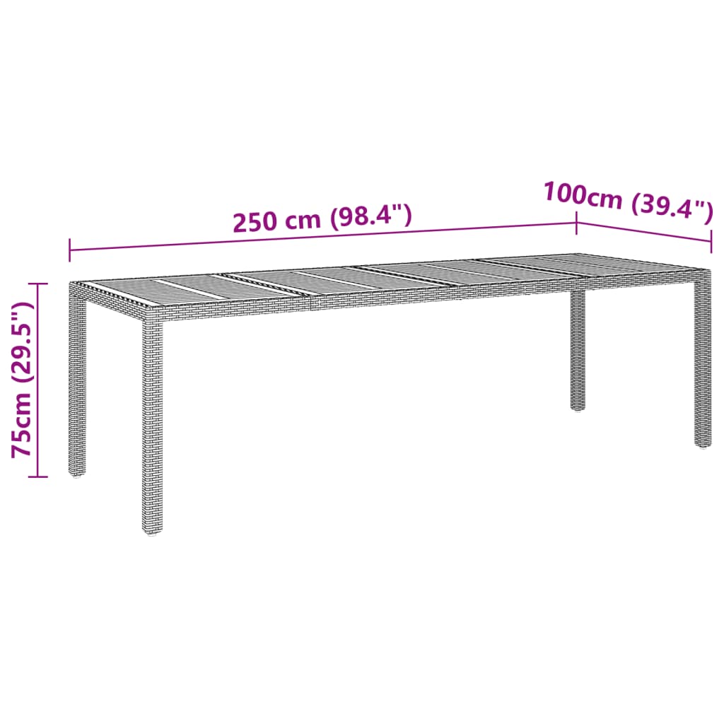 vidaXL Sodo stalas, pilkas, 250x100x75cm, poliratanas ir akacija