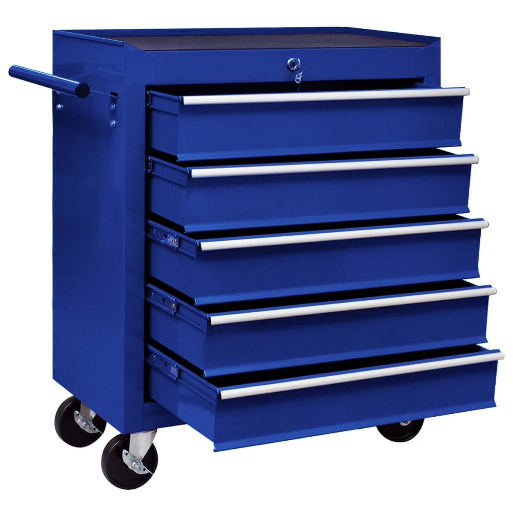 vidaXL Dirbtuvės įrankių vežimėlis, mėlynos spalvos, 5 stalčiai
