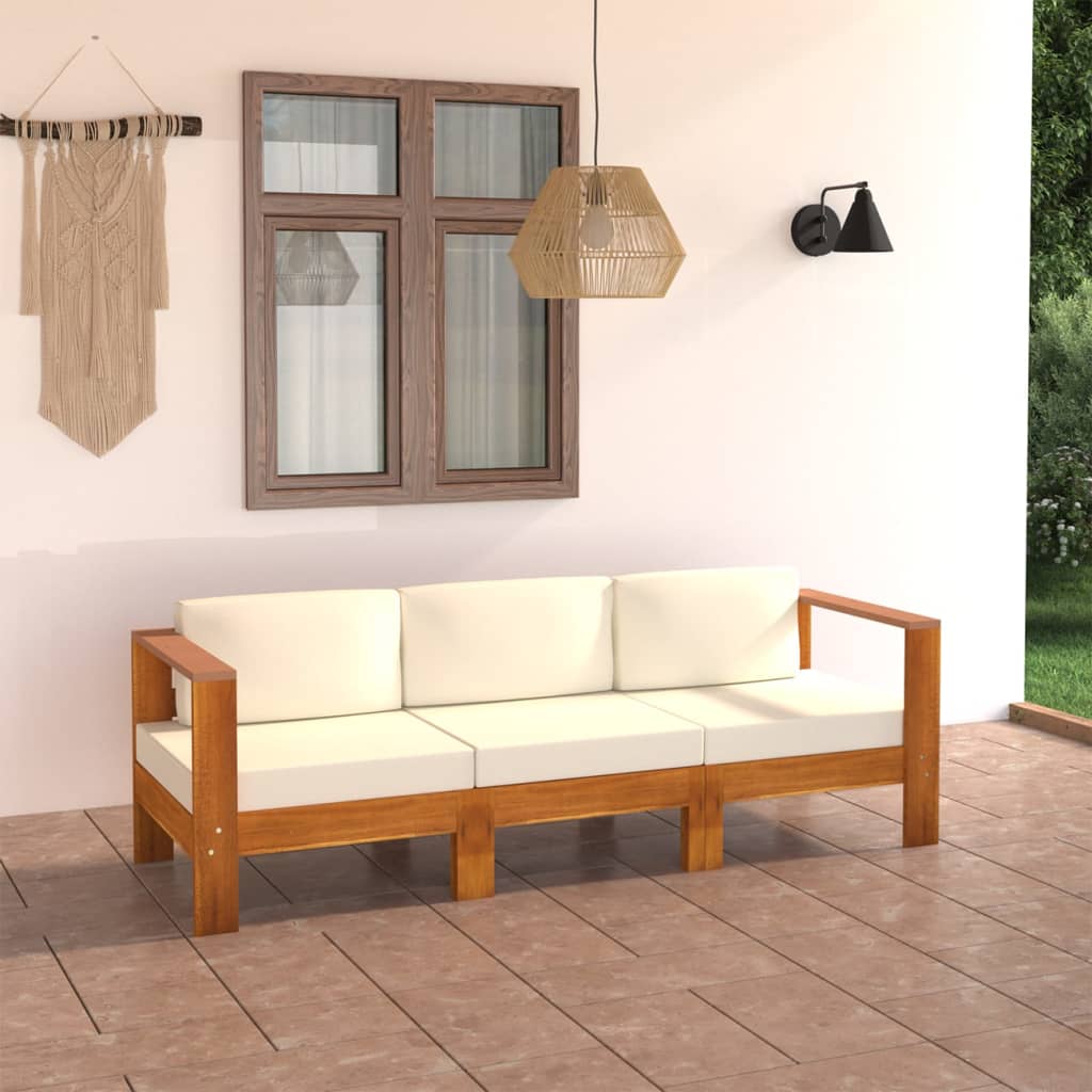 vidaXL Trivietė sodo sofa su kreminėmis pagalvėmis, akacijos masyvas